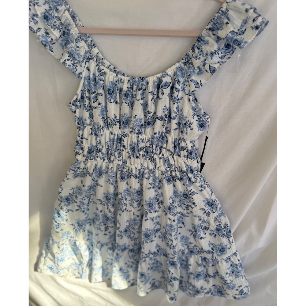 NWT Blue Floral Smocked Mini Dress Ruffle Tiered Cottagecore White Large
